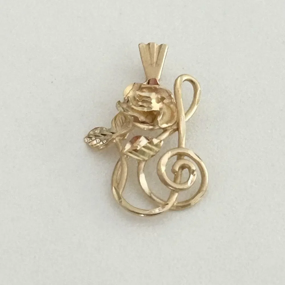 Vintage 14K Yellow Gold Rose Flower & Treble Clef Music Note Charm Pendant